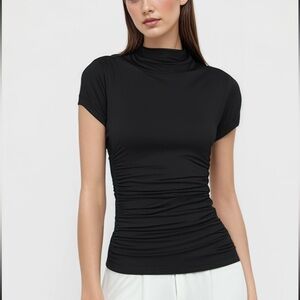 High Neck Ruched Short Sleeve Top